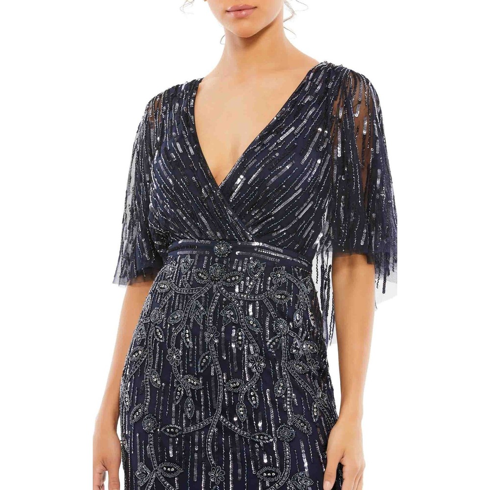 Mac Duggal NEW Navy Embellished Cap Sleeve Faux Wrap Trumpet‎ Gown $698 Size 12 - Picture 6 of 16